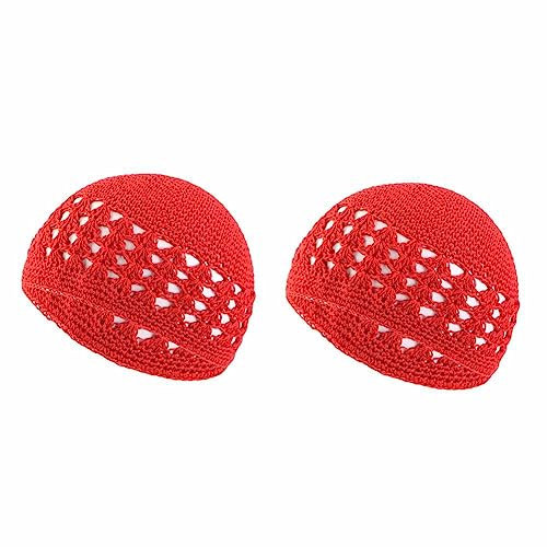 SHTGOI 2 Stück Gestrickte Kufi-Mützen Handgemacht Häkelmütze Baumwolle Strickmütze Totenkopf-Mützen Haarnetz Kappe Gebetsmütze Islam atmungsaktive Beanie-Mütze für Sommer Männer und Fraun Rot