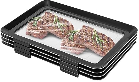 SanBouSi 4 Stücke Frischhaltebox Vakuumversiegelung Stapelbar Lebensmittelkonservierung Tablett mit Elastischen Film Schnalle Dichtung Aufschnittbox Fresh Vorratsbehälter Set Schwarz