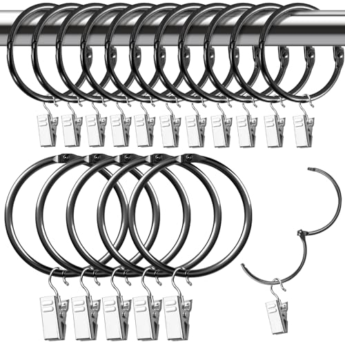 Hengxinchen 15 Anelli per Tende con Ganci, Diametro 50 Mm, Metallico Anelli Tende, Adatti per Tende e Docce, Realizzati in Acciaio Inossidabile, con Clip per Tende, Adatti per Asta per Tende (Nero)
