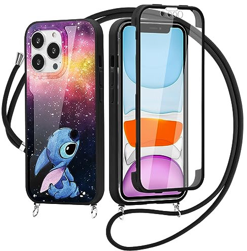 Handykette Handyhülle für Apple iPhone 15 6,1 Hülle mit Band, Stitch Hülle mit Kordel zum Umhängen 360 Grad Fullbody Schutzhülle mit Displayschutz Case per iPhone 15, Schwarz1