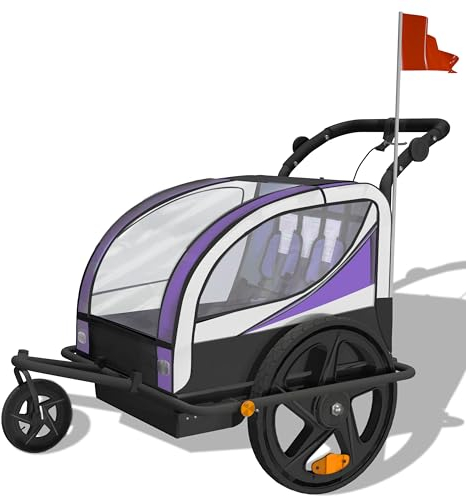 SAMAX Fahrradanhänger Jogger 2in1 360° drehbar Kinderanhänger Kinderfahrradanhänger Transportwagen vollgefederte Hinterachse für 2 Kinder in Lila - Black Frame