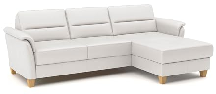 CAVADORE Leder-Eckcouch Palera mit Longchair / Landhaus-Sofa mit Federkern + massiven Holzfüßen / 244 x 89 x 163 / Leder Weiß