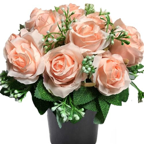 Etomvoop Grave Flower In Pot 12 Heads Artificial Rose Fake Funeral Floral for Memorial Cemetery Christmas Decorative