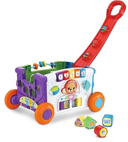 VTech Baby Mein erster Bollerwagen – Handwagen mit Griff, Tasten, verschiebbaren Elementen, 4 Förmchen und Musik – Für Kinder von 12-36 Monaten
