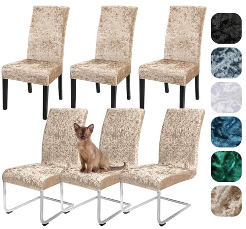 Alishomtll Samt Stuhlhussen 4er/6er Set Zerknitterter Samt Stretch Stuhlbezug Schwingstühle Elastische Hussen Abnehmbare Waschbarer Stühle Schutz für Esszimmer Bankett Hochzeit (Champagne, 6 Stück)