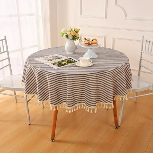 Alishomtll Leinen Gestreifte Quaste Tischdecke Abwischbar Fleckschutz Tischtuch Leinenoptik Waschen Tischdecken, Restaurant Party Garten Dekor Tischwäsche, Blau und Weiß Rund 150cm