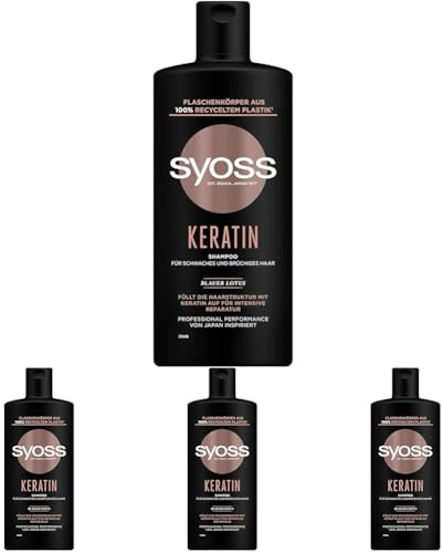 Syoss Shampoo Keratin (440 ml), Haarshampoo für schwaches und brüchiges Haar, füllt und glättet die Haarfaser, Formel mit Blauem Lotus & Amino-Komplex (Packung mit 4)