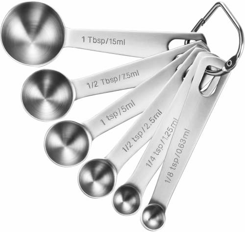 CLVEDU 6PCS Measuring Spoons Set, 1/8, 1/4, 1/2 TSP, 1 TSP, 1/2 tbsp, 1 tbsp, Stainless Steel for Cooking, Baking, Spice Jars and Liquid Ingredients