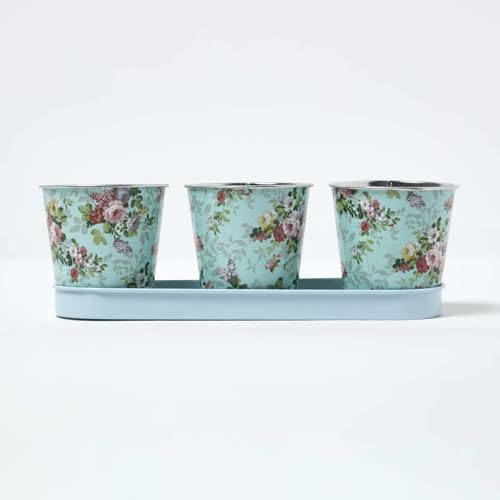 HOMESCAPES Cache-Pots avec Plateau à Motif Roses, Pots de Fleurs en Zinc, Lot de 3