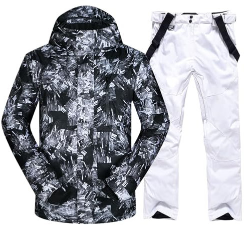 ALSOGO Herren Ski Jacke und Hosen Set Ski Anzug Winter Wasserdicht Winddicht Kapuze Schneemantel 2-Stücke Snowboard Sets 336-Weiß L01