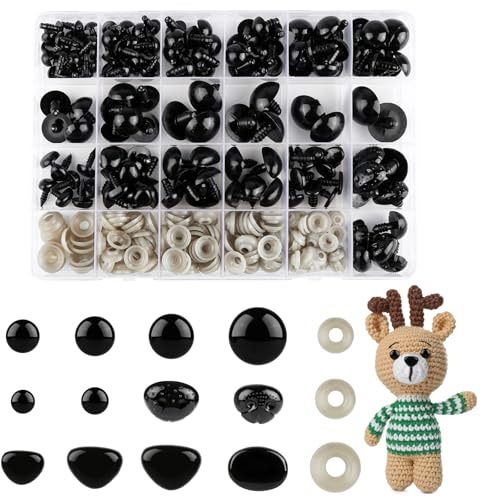 150 Stück Schrauben Sicherheitsaugen für Häkeltiere mit Abstandshalter, Runde Schwarze Augen für Häkeltiere, Kunststoff Safety Eyes für Puppen, Plüschtiere, Teddybäraugen