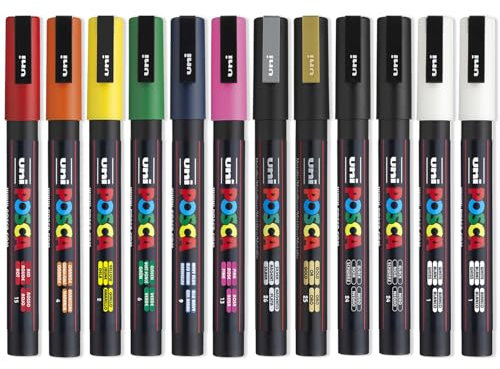 Uni Posca PC-3M Paint Pen Art Marker Pen - Professional 12 Pen Set - Extra Black + White
