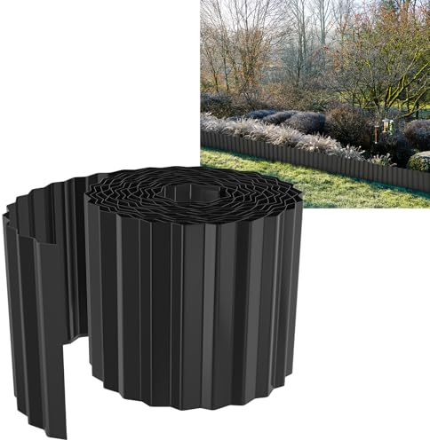 YUENFONG Flexible Rasenkante Beeteinfassung 20m Metall Verzinkt, Beetumrandung Beetabgrenzung Gartendekorativ, 15 cm Höhe Palisade Mähkante, 500 cm x 15 cm, Schwarz, (4 Stücke)