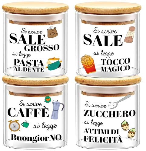 WELCOMAT, Set Barattoli Vetro Sale Zucchero Caffè - 10x13cm - Idee Regalo Cucina, Barattolo con Chiusura Ermetica, Descrizione Simpatica, Contenitori, Vetro e Legno, Porta spezie