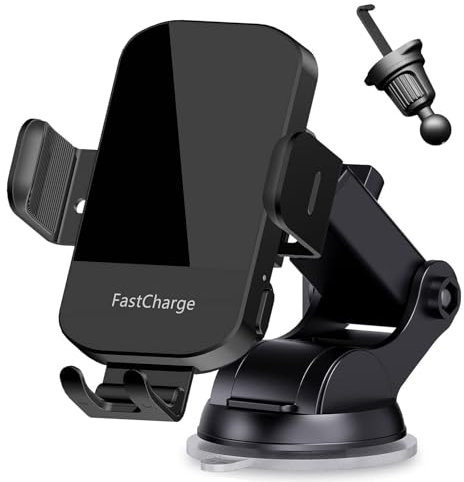 15W Wireless Car Charger Phone Holder - Qi Mount for iPhone 17 16 15 14 13 12 11 X Samsung S23 S22 S21 S20 - Auto Clamping Dash Windshield Vent - Fast Charging with Adapter - Universal Cradle