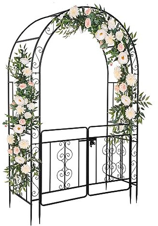 Outopee Garden Arch Trellis with Gate, Heavy-Duty Steel Frame Support Arbour Archway for Climbing Plant, Rose Vines, Vegetables, Outdoor Decoration for Lawn Backyard Party Wedding, Arc Top