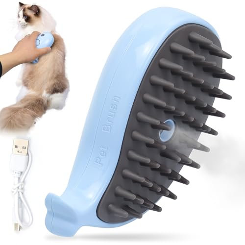 Cat Steam Brush for Shedding with Steam for Cats Gentle Soft Bristles Reduces Static Effectively Removes Loose Hair Prevents Pet Hair Flyaway Massage Function for Reducing Shedding (Blue)