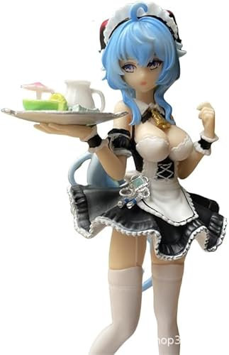 AZDCGBYES Anime Actionfiguren Modell Statue - Blaues langes Haar, weißes Stirnband auf dem Kopf, trägt ein Dienstmädchen-Outfit, hält ein Tablett mit Lebensmitteln und Getränken in der linken Hand,