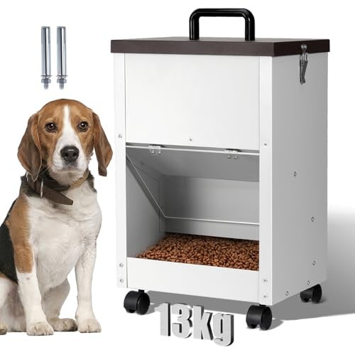 14KG Automatischer Hundefutterautomat aus Verzinktem Metall für Hunderassen | Wandmontierbar mit Transparenter Futtertür, Wetterfest für Innen & Außen, Mobil mit Transportrollen