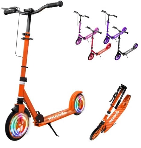 MEE GOO Faltbarer Roller für Kinder und Erwachsene, höhenverstellbarem Lenker, Doppelbremsen, 8 Rädern, rutschfestem Deck, bis 100kg (220lbs) (Orange)