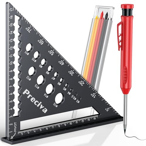 Preciva Zimmermannswinkel Set, Multifunktional Anschlagwinkel Metall Aluminium Lineal Winkelführung 18cm Schreinerwinkel Tischlerwinkel Winkelmesser + Tieflochmarker Anreißen & Zeichnen