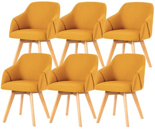 RUOVU Drehbare Esszimmerstühle 6er Set mit Holzbeine, 360° Polsterstuhl mit Armlehne, Stoffbezug, Holzbeine, Mid-Century Design, Komfortabler Küchenstuhl für Esszimmer und Wohnzimmer