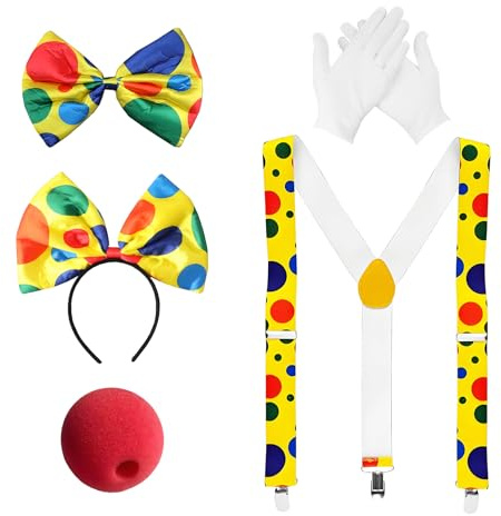 5 Stück Clown Kostüm Set, Lustige Karneval kostüm damen und herren Zubehör, Buntes Clown Hosenträger, Schleife, Handschuhen, Haarreif, clownsnase, ideal für Karneval, Fasching, Parade oder Auftritte