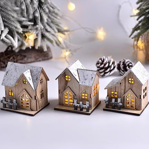 Maison de Village de Noël, 3 pièces 8 cm, Ensembles Village Noël éclairés en Bois avec lumières LED, Mini Maisons alimentées par Batterie pour décorations scène Table