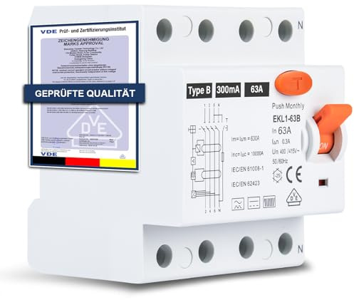 FI Schutzschalter Typ B 63A 300mA 4-polig, Allstromsensitiver RCD für Wallbox & Ladestation, Fehlerstromschutzschalter mit VDE Zertifizierung, DIN-Hutschiene Montage