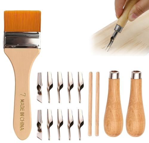 2 Lino Cutting Tools, Linoleum Cutter Wood Handle Kit | Set, 1 Cleaning Brush, Cutting Printing Tool Kit, Professional Linocut Carving, for lacquer oil paintings cleaning