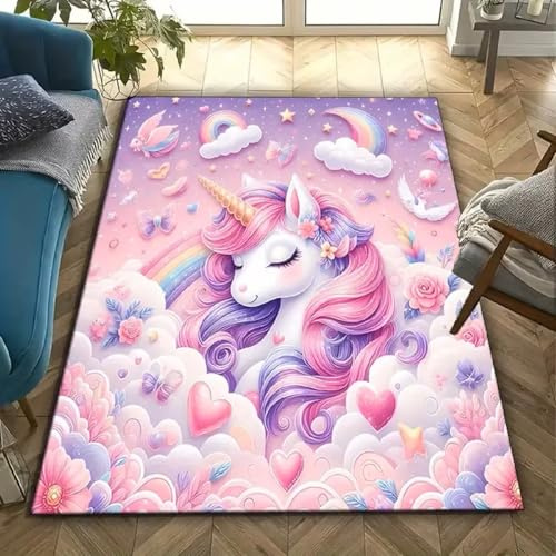 PEIHUODAN Einhorn-Muster Area Teppich | Weicher Kinderteppich für Schlafzimmer Wohnzimmer - Bunter magischer Einhorn dekorativer Boden-Teppich (Farbe 6,120x180cm)
