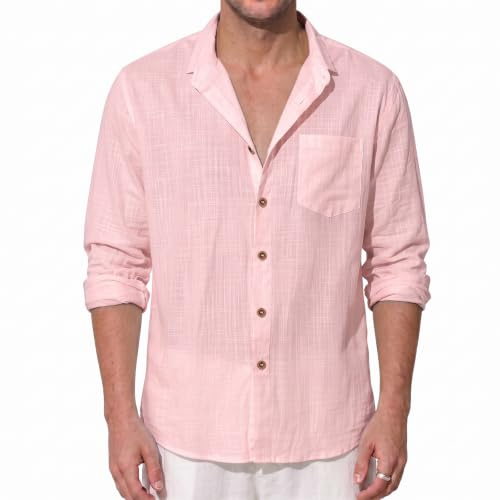 Dybycit Mens Cotton Linen Long Sleeve Henley Shirts Casual Banded Collar Lightweight Solid Color Summer Beach Tops with Pocket
