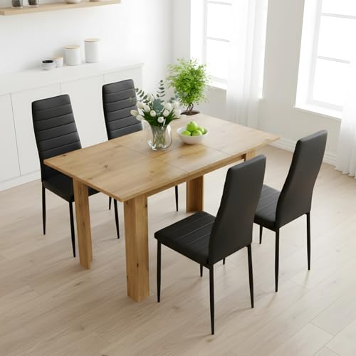 GOKHOMX - Juego de mesa de comedor extensible de 90 a 125 cm con 4 sillas, conjunto de mesa y sillas de piel sintética, ahorro de espacio, para pequeño espacio de cocina, comedor y salón (roble +