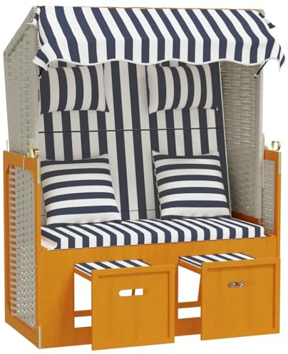 Mhdvray Strandkorb aus Poly-Rattan und Tannenholz in Weiß/Blau – Gartenmöbel mit ausziehbaren Fußhockern, 3-Fach Verstellbarer Rückenlehne und Kissen für Terrasse und Garten