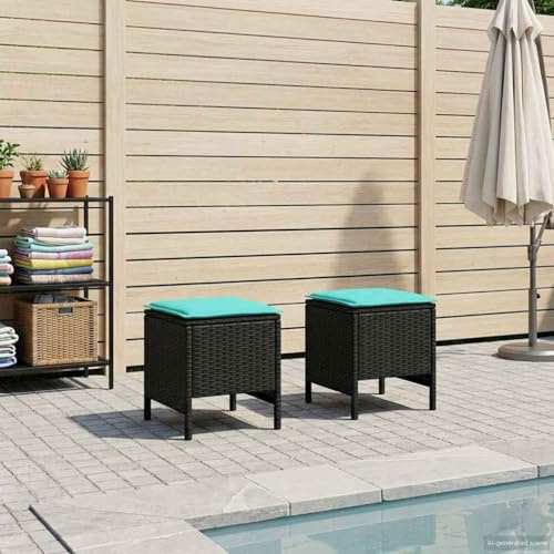 sephironlbb Lot de 2 repose-pieds de jardin, noir et turquoise, 38 x 38 x 45 cm, avec coussin amovible, rotin synthétique résistant aux intempéries, idéal pour terrasse, balcon, véranda, peu