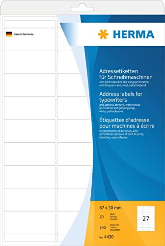HERMA 4430 Adressetiketten für Schreibmaschinen, 20 Blatt, 67 x 30 mm, 27 pro A4 Bogen, 540 Stück, selbstklebend, bedruckbar, matt, blanko Papier Klebeetiketten Adressaufkleber Etiketten, weiß