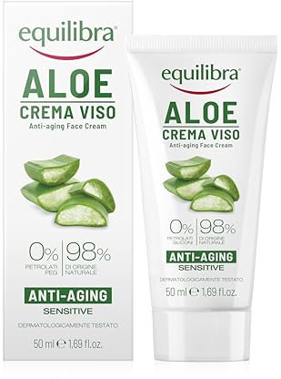 Equilibra Viso, Aloe Crema Viso Anti-Aging, Crema Viso Anti-Aging a Base di Aloe Vera, ad Azione Idratante, Lenitiva e Protettiva, per Prevenzione e Trattamento di Rughe e Segni del Tempo, 50 ml
