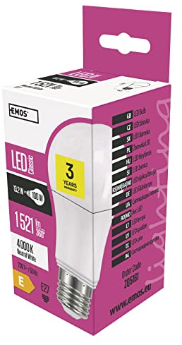 EMOS LED Lampe A60, 13,2 W Ersatz für 100 W Glühbirne, E27 Sockel, Helligkeit 1521 lm, Neutralweiß 4000 K, 30000 Stunden Lebensdauer, CRI min. 80, 180° Abstrahlwinkel
