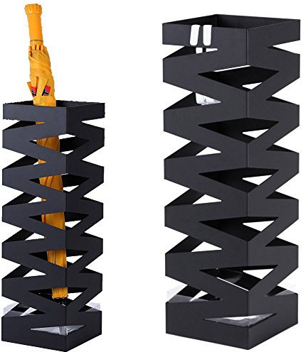 BAKAJI Portaombrelli Stand in Ferro Design BAK4B Forma Quadrata con Decorazione a Intarsi Vaschetta Salvagoccia e Ganci per Ombrelli Pieghevoli Dimensioni 49 x 15,5 cm (Nero)
