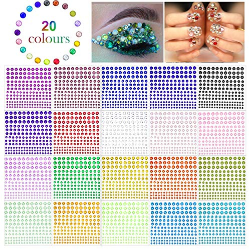 3300 piezas Brillantes Para Decorar Diamantes Autoadhesivas, 20 colores de cristal en 3 4 5 6mm Diamantes Cara y Pegatinas para manualidades, cuerpo, maquillaje, bricolaje, festivales, carnaval