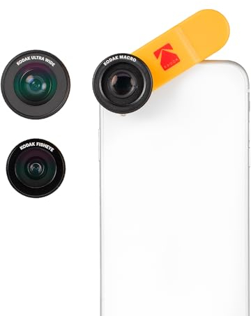 Kodak 3-in-1 Smartphone Lens Set Consisting of A 100° Wide-Angle, 15X Macro and 170° Fisheye Lens (Universal Clip Mount, also Works with Multicams & Front Cameras) - KPA001