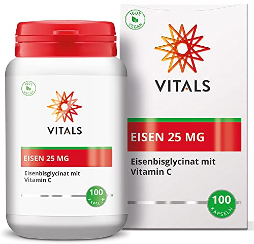 Vitals - Eisen Bisglycinat 25mg mit Vitamin C 200mg, 100 Kapseln. 100% Vegan. Magenfreundliche Verbindungsform mit überlegener Bioverfügbarkeit.