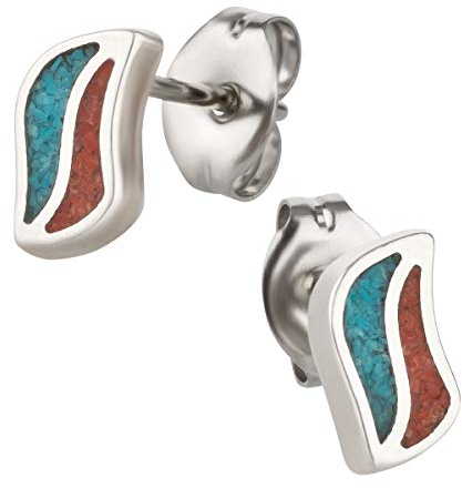 Ohrstecker Ohrringe Modell 4 Silber 925 Sterling Türkis Koralle Inlay als Ohrschmuck mit kleiner Schmuckbox - 7K - Indianer Schmuck Geschenke für Damen, Mädchen, Jungen, Kinder und Herren