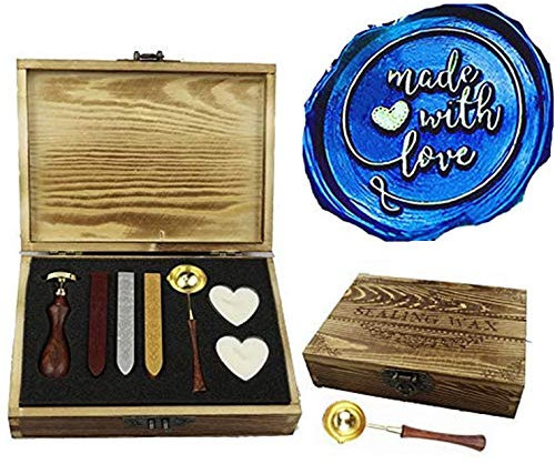 MNYR Made with Love Siegelstempel-Set, Schmelzlöffel, Kerze, Siegelwachs, Holzbox, für Muttertag, Vatertag, Valentinstag, Dekoration, Geschenkverpackung, Brief, Hochzeit, Einladung, Siegelstempel
