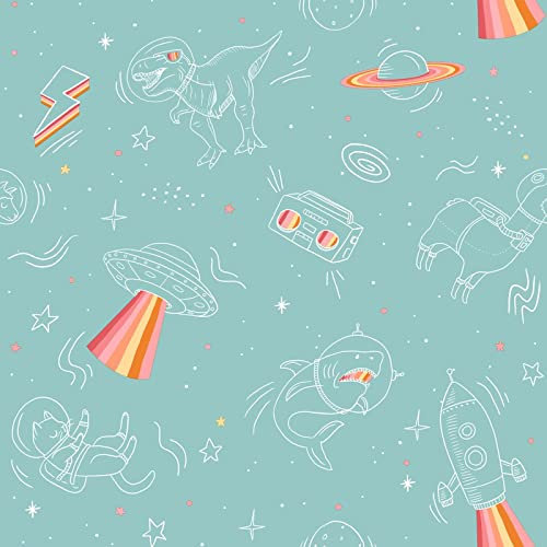 Muriva Space Animals T Rex UFO Planets Stars Galaxy Childrens Bedroom Wallpaper Turquoise M36804