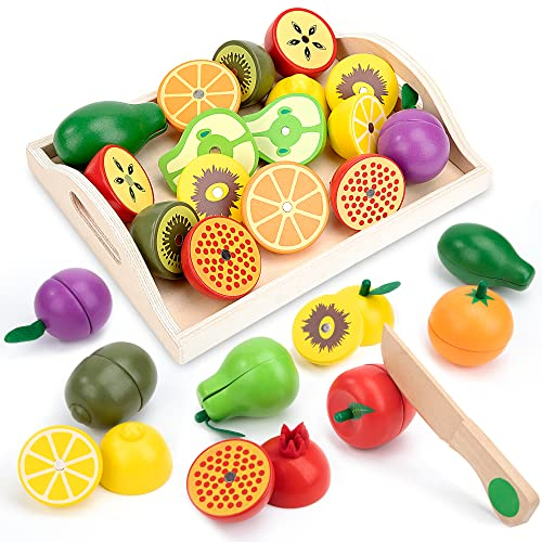 Lebensmittel Spielzeug Schneiden Spielküche Zubehör Kinder, Küchen Kochspielzeug Obst Gemüse Lebensmittel aus Holz, Rollenspiele Pädagogisches Geschenk für Jungen und Mädchen ab 2 3 4 5 Jahre