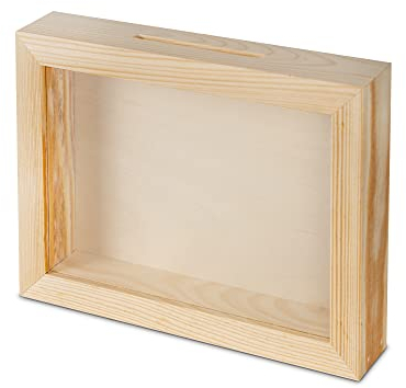 BAS Spardose Holzspardose zum Basteln und Dekorieren Geldgeschenk Sparbüchse Holz-Rahmen mit Sichtfenster,Bilderrahmen zum Befüllen (Rechteck-waagerecht), Natur, Einheitsgröße