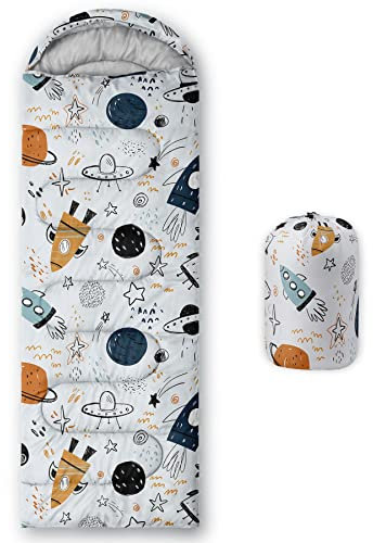 Datura home Kinder-Schlafsack für Jungen und Mädchen, Cartoon-Raumschiff-Druck, leicht, warm, tragbar, für drinnen und draußen, wasserdicht, kältebeständig, Schlafsack für Camping, Wandern