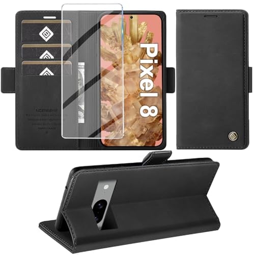 Giyer für Google Pixel 8 Hülle mit Displayschutzfolie, Handyhülle Pixel 8 5G Premium PU Leder Wallet Klapphülle Standfunktion Kartenfach Schutzhülle für Google 8 Lederhülle Flip Case Cover (Schwarz)
