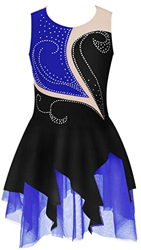 TiaoBug Vestito da Pattinaggio Artistico Bambina Balletto Leotards Body Danza Classica Ginnastica Artistica con Strass Abito da Balletto Ballo Latino Americano per 6-16 Anni Nero&Blu 13-14 anni